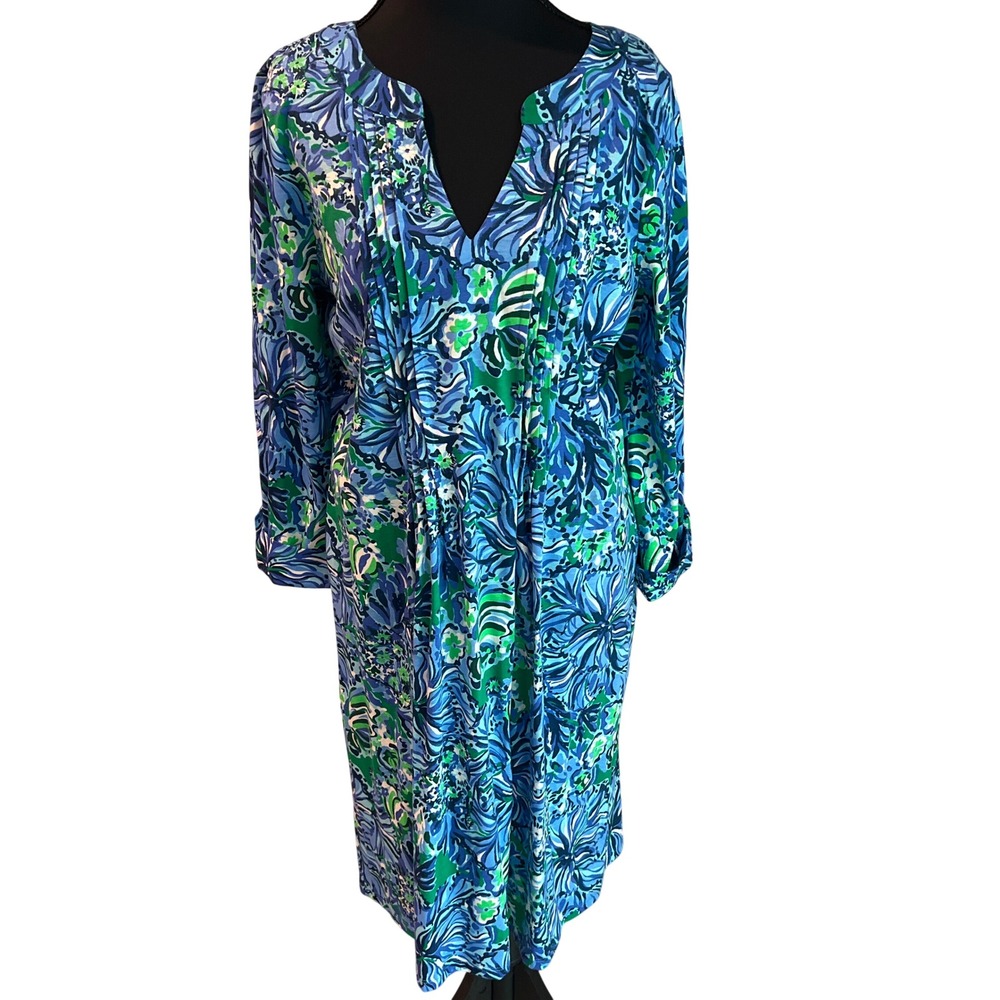 Lilly Pulitzer Fairfax 3/4 Sleeve Abaco Blue In Turtle Awe Jersey V-Neck Dress L